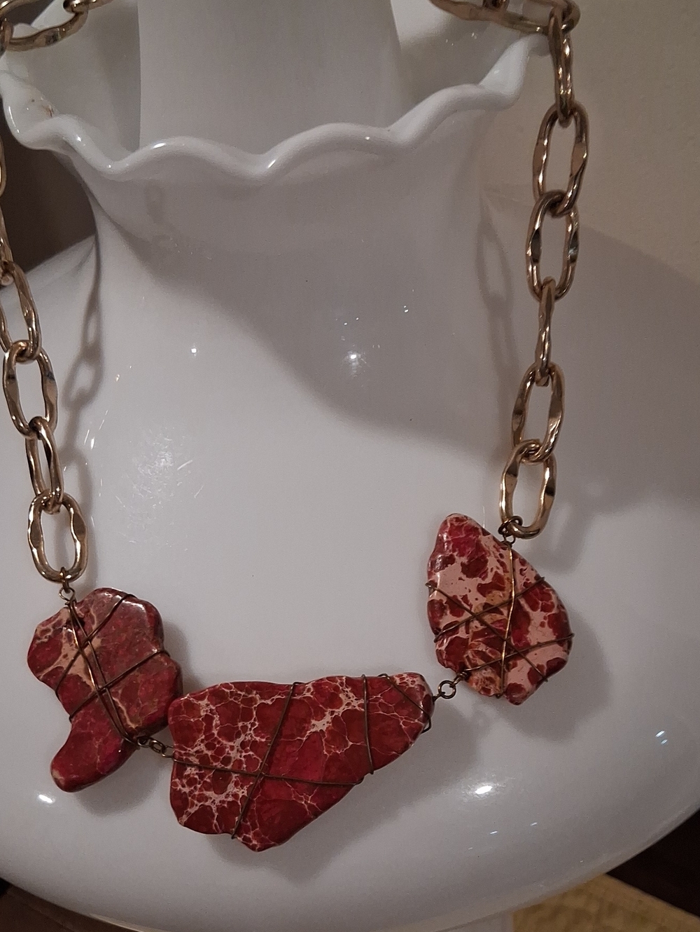 Red Stone Statement Necklace  Goldtone
